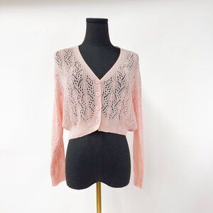 VINTAGE STYLE BABY PINK BUTTON UP CROPPED SEWATER LACE SHEETR COTTON
